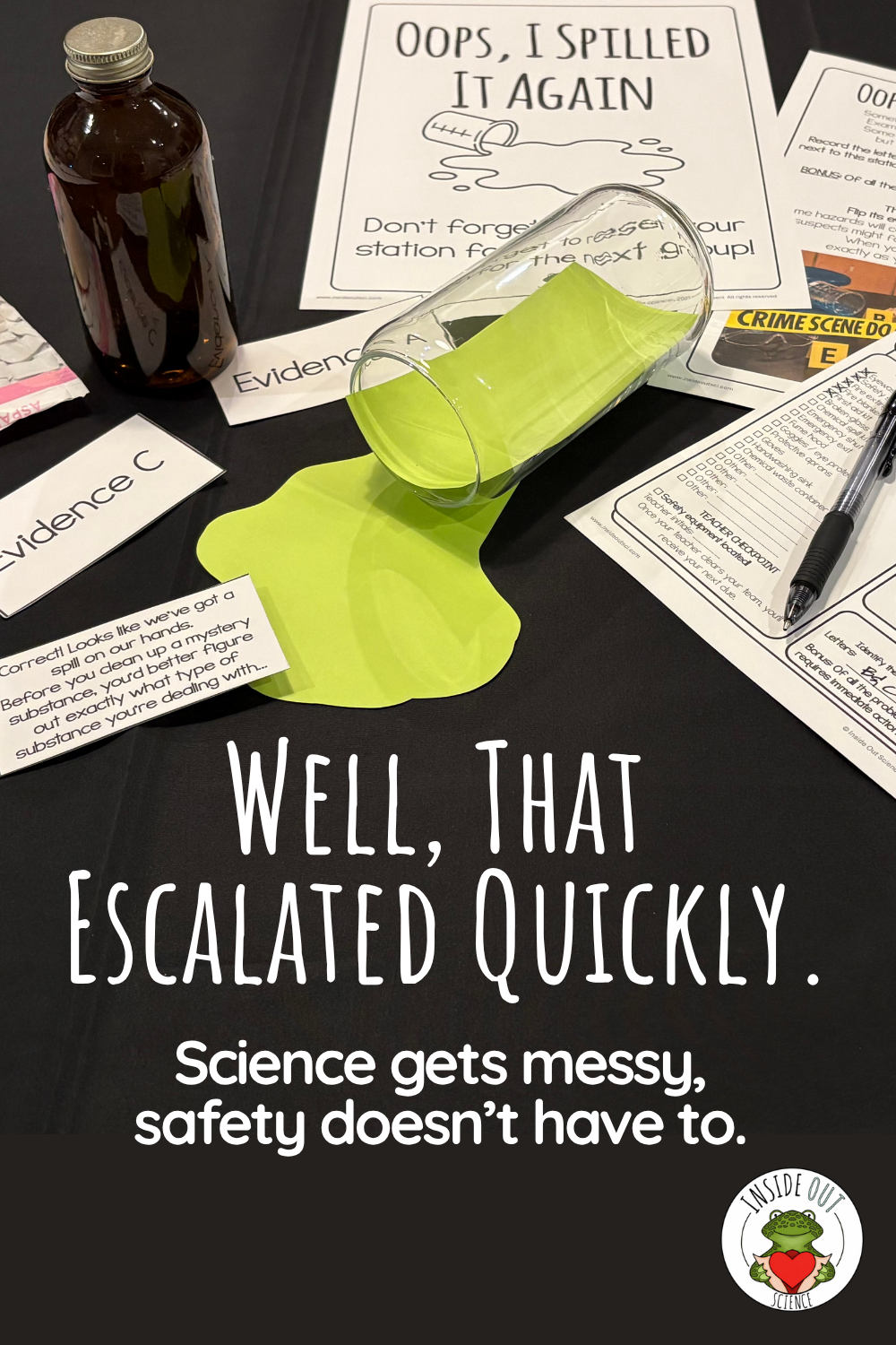 Homeschool lab safety escape room activity featuring a simulated green liquid spill, glass beaker, and student investigation worksheets.